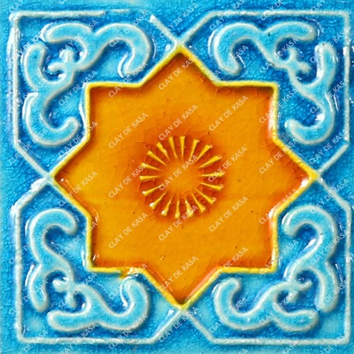 Blue Orange Color Glazed Embossed Handmade Tile