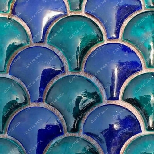 Cobalt Blue Moroccan Green Fish Scale 3D Ceramic Handmade Tile