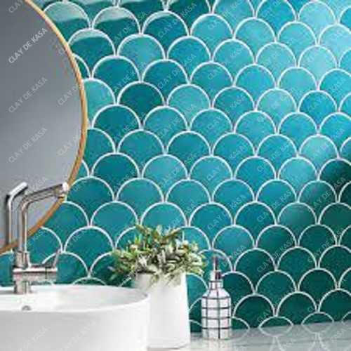 Fish Scale Light Turquoise Blue Green Mix Ceramic Handmade Tile