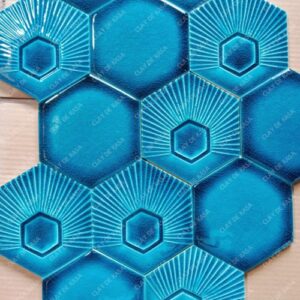 Hexagon Large Plain and Décor Turquoise Blue Ceramic Handmade Tile